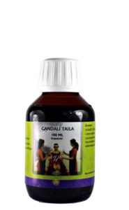 Flasche Gandali Taila, ein ayurvedisches Kräuteröl zum Einsatz bei Arthrose, Hüftgelenksentzündungen, rheumatische Entzündungen. Stärkt die Knochen. Gandali Taila enthält Glycyrrhiza glabra